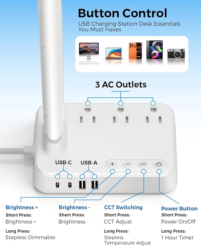 LED Desk Lamp with Power Strip, 3 AC Outlets & 4 USB Ports (2 USB-C), Stepless Dimming&2800K-6500K Eye-Caring Desk Light, Foldable Table Lamp with 5FT Cord for Home Office, Dorm Room Essentials White - Image 9
