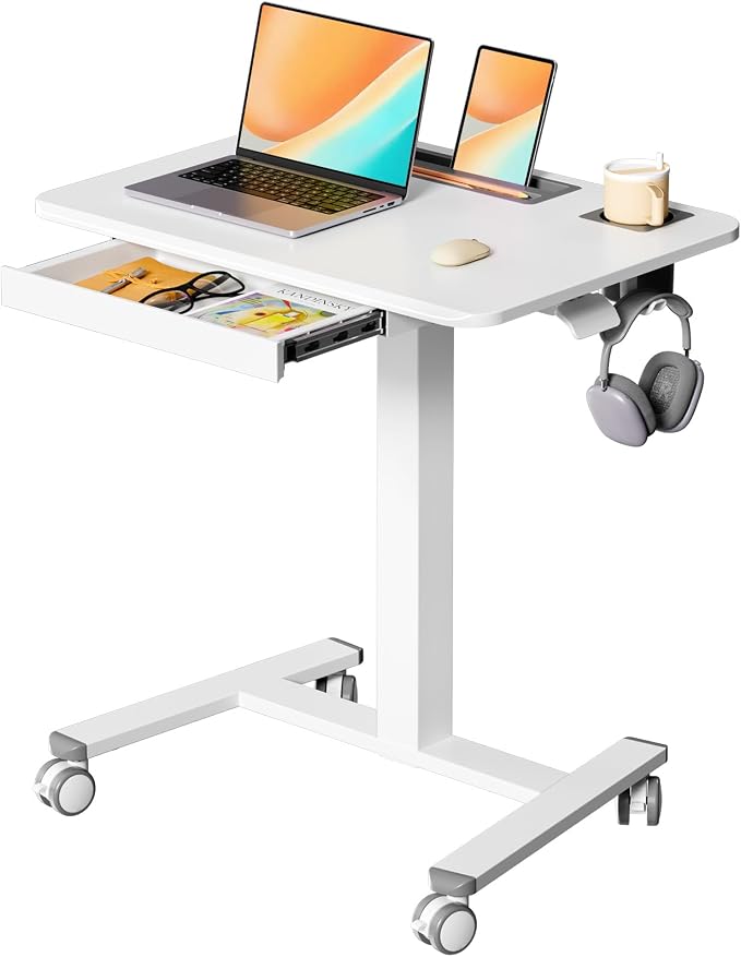 28" Mobile Standing Desk with Drawer, Portable Laptop Desk | Rolling Desk with Cup Holder & Hooks, Height Adjustable Computer Cart on Wheels for Classroom, Study Desk with Storage, White by JYLHJOYSEEKER