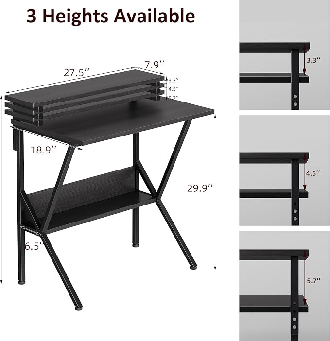 COTUBLR Small Desk, 27.5 Inch Small Computer Desk for Small Spaces, Computer Desk with Adjustable Monitor Stand, Compact Desk with Storage, Tiny Desk Study Desk for Bedroom Home Office, Black - Image 3