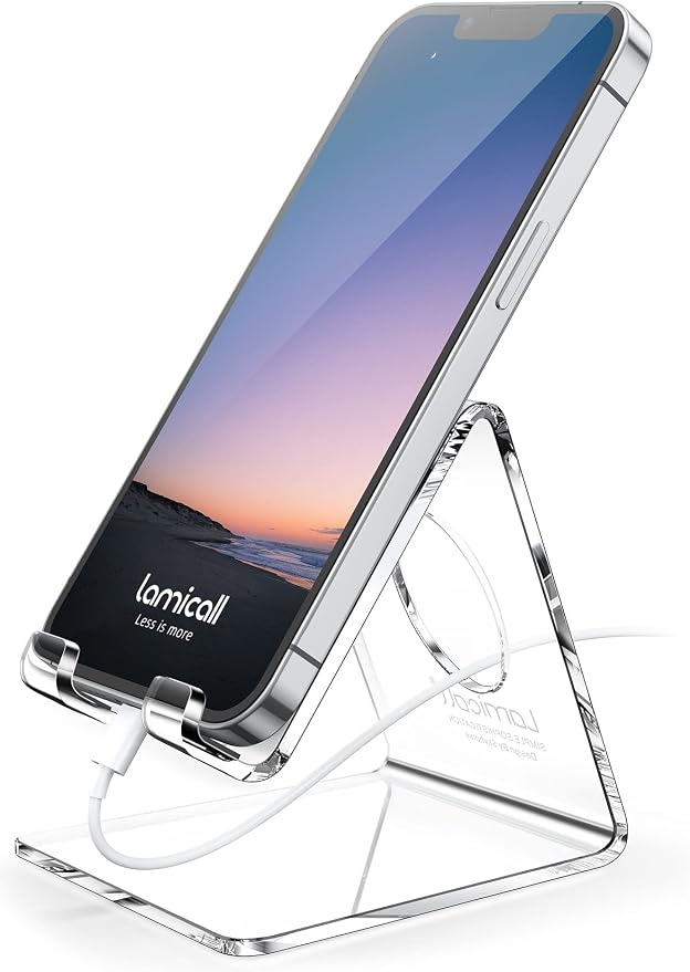 Lamicall Clear Acrylic Cell Phone Stand, Office Desk Decor Accessories | Office Cubicle Decor, Accessories & Workspace Organizers for Women, Teacher Desk Essentials, Cute Work From Home Supplies by Lamicall