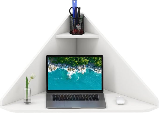 Giantex Corner Floating Desk, Wall Mounted Computer Desk with Storage Shelf, Space-Saving Writing Desk, Triangle Laptop Desk for Living Room, Study, Bedroom, Home Office & Small Spaces (White) by Giantex