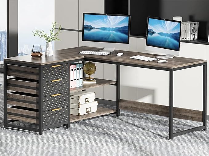 Tribesigns L Shaped Computer Desk with Storage Drawers, 59 inch Corner Desk with Shelves, Reversible L-Shaped Office Desk Writing Table Workstation for Home Office, Grey - Image 8