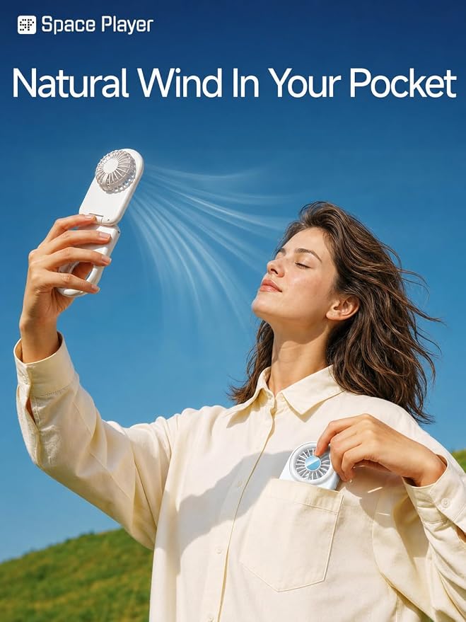 Space Player Mini Fan, Portable Handheld Fan with MagSafe Phone Mount, USB Rechargeable Cooling Fan with Selfie Fill Light Pocket Size Travel Companion for Cruise Concert Makeup and Outdoor Use,White - Image 3