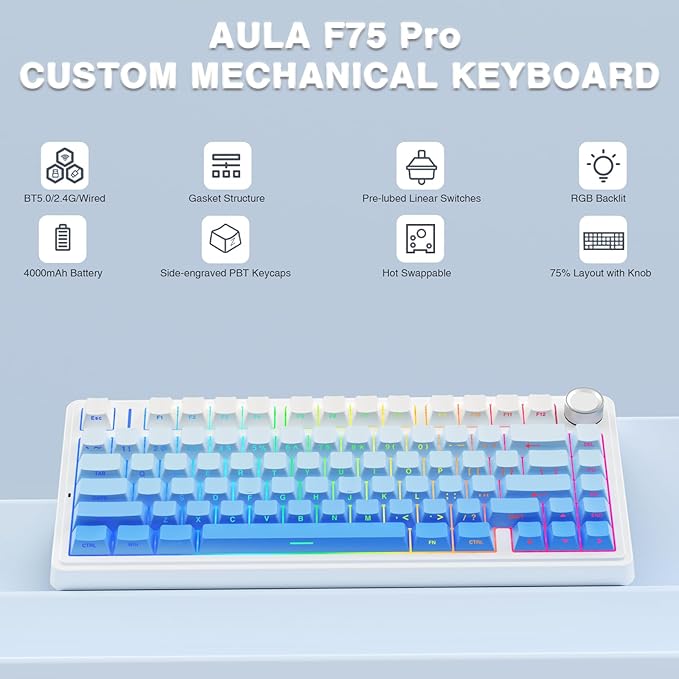 AULA F75 Pro Wireless Mechanical Keyboard,75% Hot Swappable Custom Keyboard,RGB Backlit,Pre-lubed Linear Switches,Side Printed PBT Keycaps Mechanical Gaming Keyboards,Gradient Blue - Image 2
