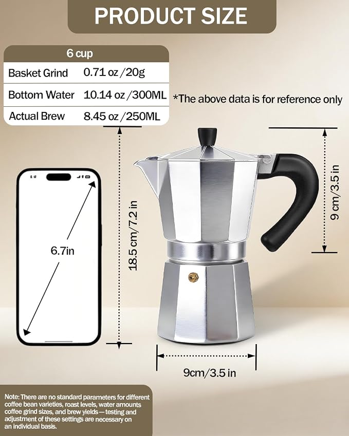 Coffee Maker Stovetop Espresso Maker 6 Cup Aluminum Moka Pot Percolator 10oz 300ml Easy Brewing for Electric Ceramic Stoves Home Camping Italian Cuban Café Classic Silver - Image 2