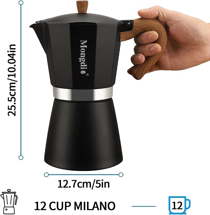 Mongdio Stovetop Espresso Maker Moka Pot, Cuban Coffee Maker Stove top coffee maker Moka Italian Espresso Greca Coffee Maker Brewer Percolator, 12 Espresso Cups, 20 oz - Black - Image 5