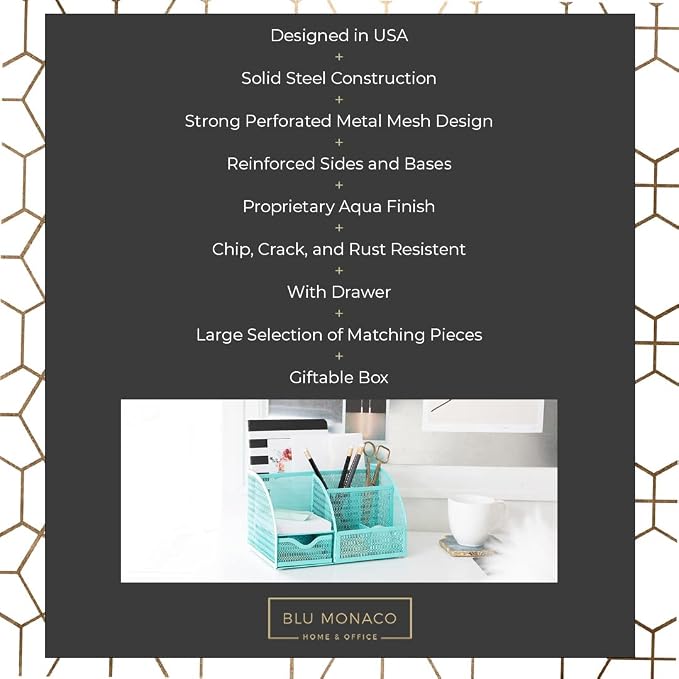 BLU MONACO Aqua Desk Organizer | Metal Turquoise Stationery Holder With Drawer and Compartments | Desktop Storage for School, Bedroom, Locker and Home | 5.5”D x 8.6”W x 5”H Accessory Caddy - Image 3