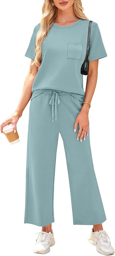 WIHOLL 2 Piece Sets for Women Casual Summer Travel Vacation Outfits Short Sleeve Wide Leg Crop Pants Lounge Sets - Image 2