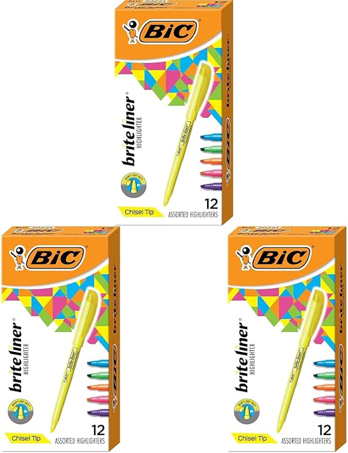 BIC Brite Liner Highlighters, Chisel Tip, 12-Count Pack of Highlighters Assorted Colors, Ideal Highlighter Set for Organizing and Coloring (Pack of 3) by BIC