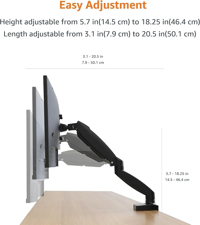 Amazon Basics Gas Spring Single Monitor Arm Desk Mount, Adjustable Tension, Fits 15–27 Inch Monitors, Supports 4.4–15.4 lbs, VESA 75x75/100x100, Black - Image 5