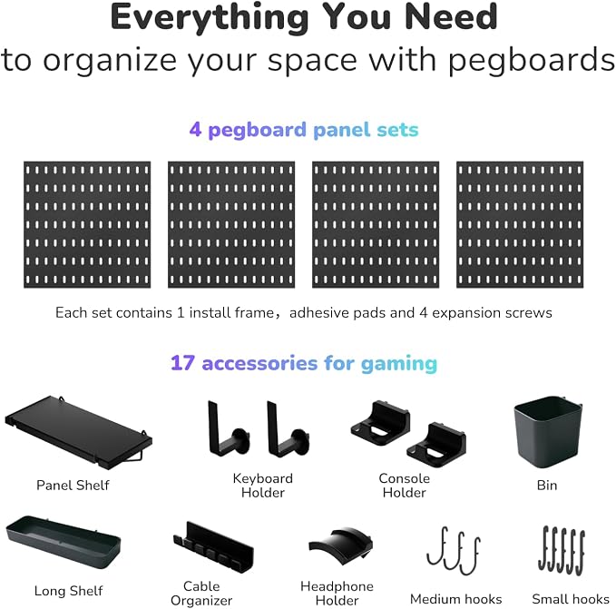 Keepo Peg Board Wall Organizer for Gaming Setup, Pegboard with Adhesives & Screw Mounts, Includes Peg Board Accessories for Gaming Accessories, Tech Storage & Office Organization (Black, 22″×22″) - Image 4