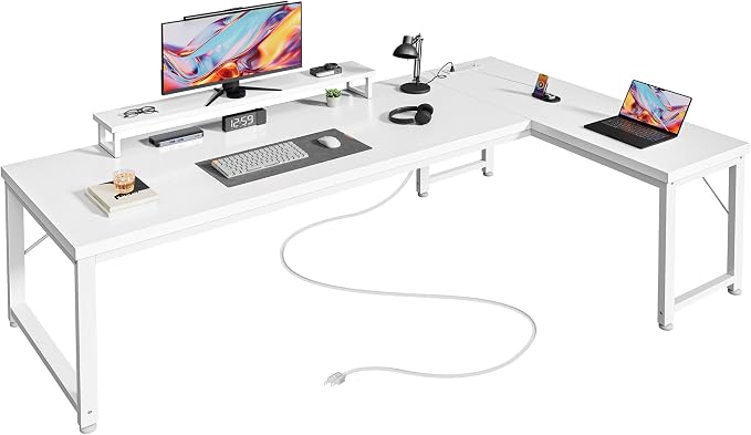 PRAISUN 61" L Shaped Computer Desk, Power Outlets, Monitor Stand, White | USB-C Ports, Reversible Charging Station, Spacious Desktop & Legroom, 0.94 Inch Thick Desktop, for Gaming, Study & Work by PRAISUN