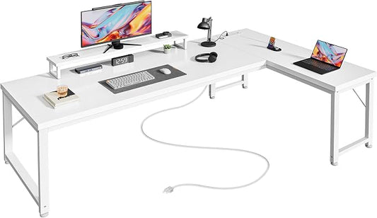 PRAISUN 61" L Shaped Computer Desk, Power Outlets, Monitor Stand, White | USB-C Ports, Reversible Charging Station, Spacious Desktop & Legroom, 0.94 Inch Thick Desktop, for Gaming, Study & Work by PRAISUN
