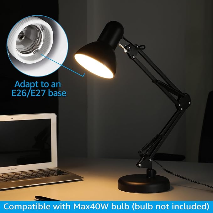 TORCHSTAR Metal Desk Lamp, Adjustable Swing Arm, E26, Black | Architect Gooseneck Multi-Joint Clip Table Lamp with Plastic Clamp, for Home Office, Work, Study, Reading, Bulbs not Included - Image 7