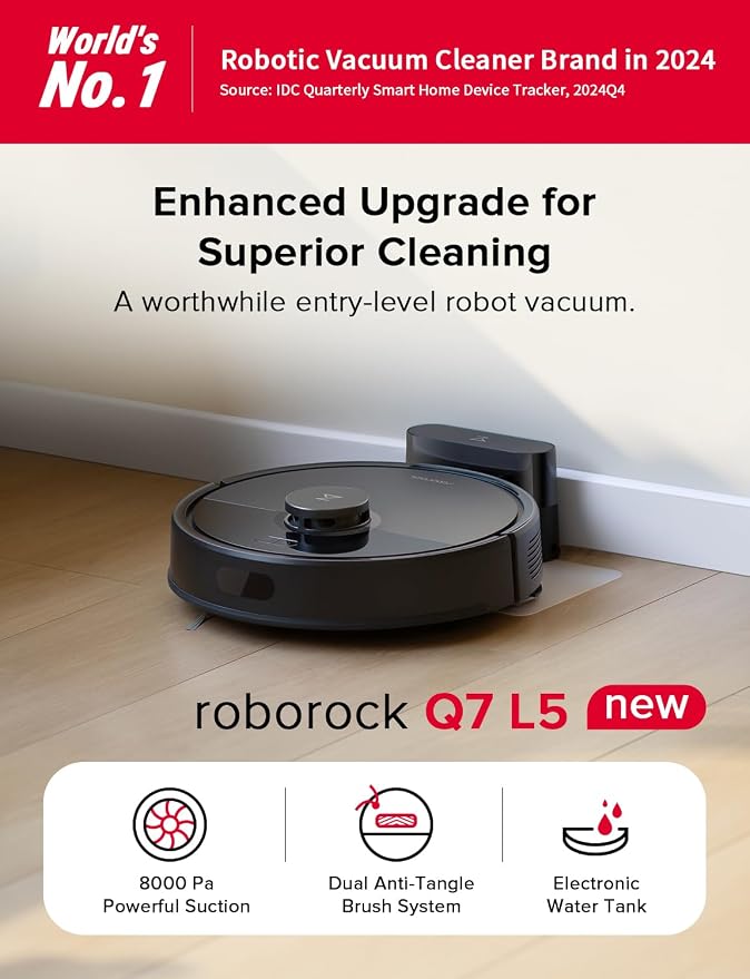 roborock Q7 L5 Robot Vacuum and Mop Combo, 8,000Pa Suction | Upgraded from Q5 Pro, Dual Anti-Tangle System, LiDAR Navigation, Multi-Level Mapping, Self-Charging Robotic Vacuum, Black - Image 2