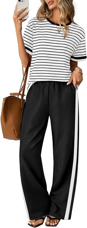 Sampeel 2 Piece Sets for Women Matching Sets Summer Outfits Resort Wear Short Sleeve Lounge Set Wide Leg Pants with Pockets by SAMPEEL