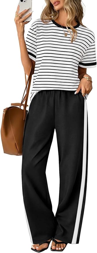 Sampeel 2 Piece Sets for Women Matching Sets Summer Outfits Resort Wear Short Sleeve Lounge Set Wide Leg Pants with Pockets by SAMPEEL