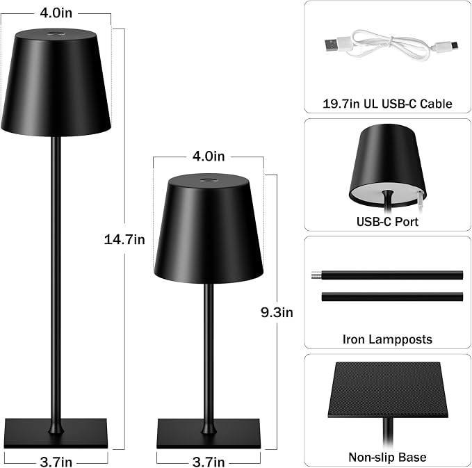 Kakanuo Black Cordless Rechargeable Table Lamp, 4 Pack Portable Desk Lamp with 5000mAh Battery, Touch Control Stepless Dimming, Wireless Night Light for Dining, Outdoor Camping, Coffee Shop - Image 5