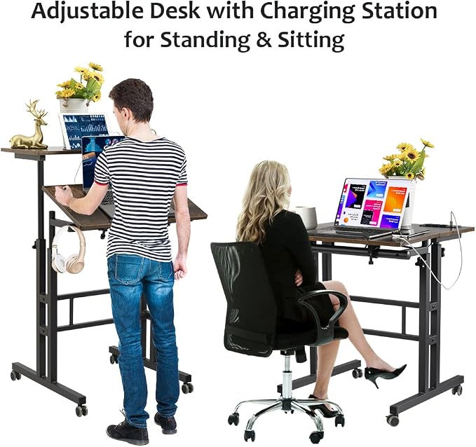 Hadulcet Mobile Standing Desk with Wheels, Rolling Desk Adjustable Height, Portable Laptop Table with Charging Station, Sit Stand up for Home Office, Study, Classroom, Rustic Brown - Image 3
