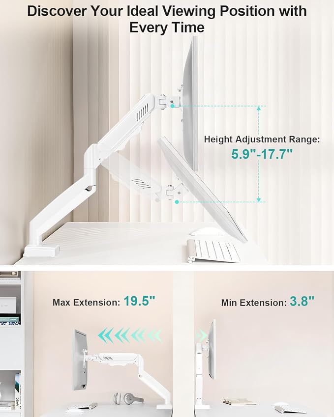 Single Monitor Desk Mount, 13-32 inch Adjustable Full Motion Monitor Arm, Computer Monitor Stand Holder with Clamp and Grommet Base, Fit 4.4 to 19.8lbs Screens, VESA Mount Bracket, White, Freelift Pro - Image 2