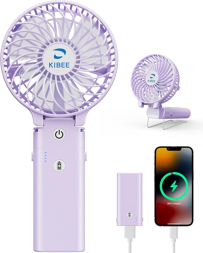 KIBEE Portable Handheld Fan, 5200mAh Rechargeable Mini Fan with Up to 20H Runtime, 180° Foldable Personal Fan, 3 Speeds, Desk Stand, Travel Essentials for Women, Concerts, Makeup, Camping, Purple by KIBEE