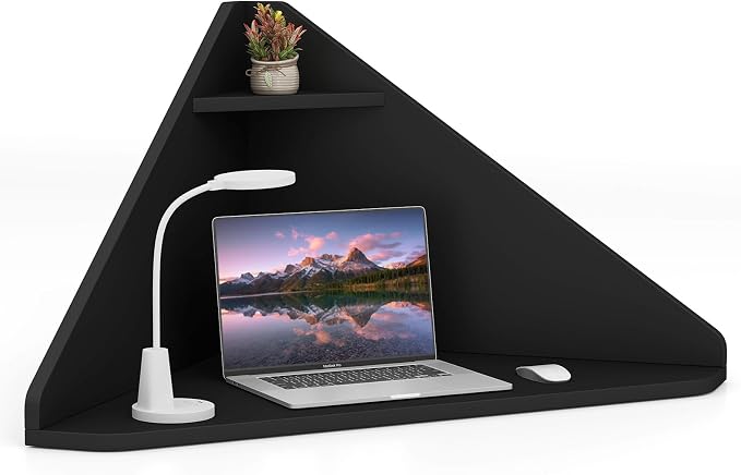 GOFLAME Floating Corner Desk, Wall Mounted Triangular Computer Desk w/Storage Shelf, Space-Saving Design, 90° Wooden Floating Home Office Desk for Writing, Working, Studying (Black) by GOFLAME