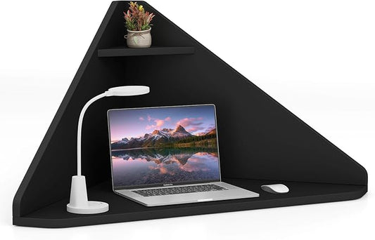 GOFLAME Floating Corner Desk, Wall Mounted Triangular Computer Desk w/Storage Shelf, Space-Saving Design, 90° Wooden Floating Home Office Desk for Writing, Working, Studying (Black) by GOFLAME