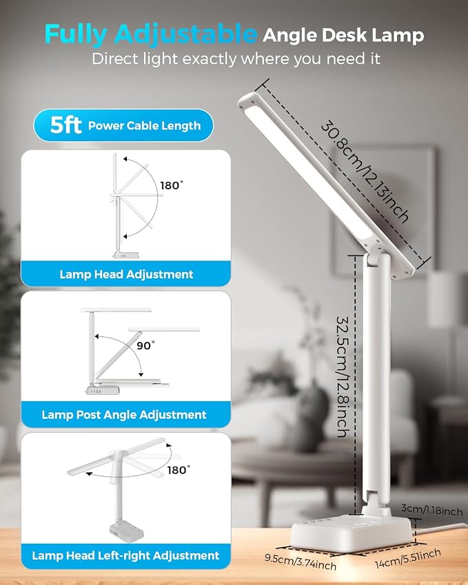 LED Desk Lamp with Power Strip, 3 AC Outlets & 4 USB Ports (2 USB-C), Stepless Dimming&2800K-6500K Eye-Caring Desk Light, Foldable Table Lamp with 5FT Cord for Home Office, Dorm Room Essentials White - Image 4