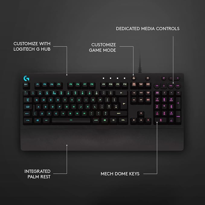 Logitech G213 Prodigy Wired RGB Gaming Keyboard - Black | Mech-Dome Keys, Palm Rest, Adjustable Feet, Media Controls, LIGHTSYNC RGB, USB, Compatible with Windows - Image 6
