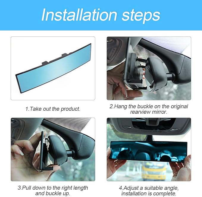 Car Rearview Mirror, 12 Inch Panoramic Wide Angle Anti-Glare, Clip on Auto Rear View Mirror, HD Clear Convex Surface, Car Interior Accessories Universal for SUV, Truck, Van, Vehicles (Blue) - Image 5