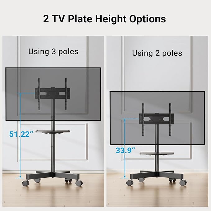 PERLESMITH Rolling TV Stand, Mobile TV Stand for 23-60 Inch LCD LED TVs, Tilt TV Stand Wheels Holds up to 88Lbs, Portable TV Stand for Bedroom with Shelf, Outdoor TV Stand Max VESA 400x400mm PSTVMC06 - Image 8