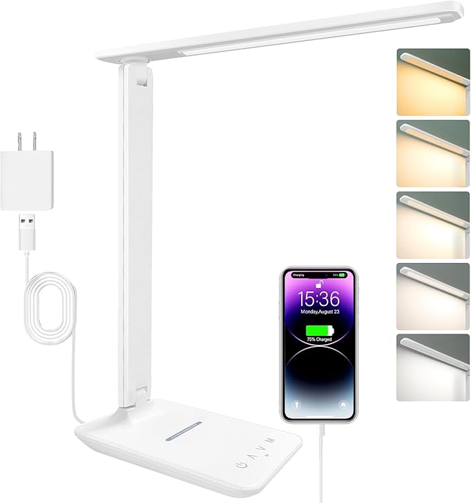 White crown LED Desk Lamp with 15W Wireless Charger & USB Port, Dimmable Table Lamp with 5 Lighting Modes, Sensitive Touch Control, Foldable & Portable Desk Light for Home, Office, Bedroom, Reading by WhiteCrown