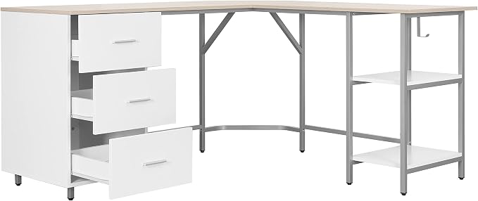 Techni Mobili 59" Two-Tone L‑Shaped Office Desk with Storage Shelves, Sand | 59" two‑tone L‑shaped desk with storage shelves, durable frame, modern corner workstation, spacious home office writing space - Image 9