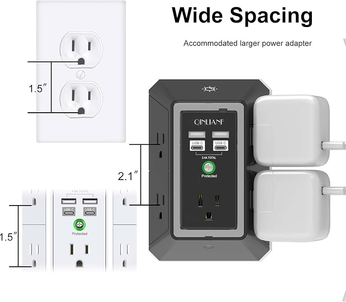 3-Sided Surge Protector Power Strip - QINLIANF Multi Plug Outlet with 5 Outlet Extender and 4 USB Ports(2 USB-C) and Night Light, USB Wall Charger for Home, Office, Travel, ETL Listed, Black - Image 4