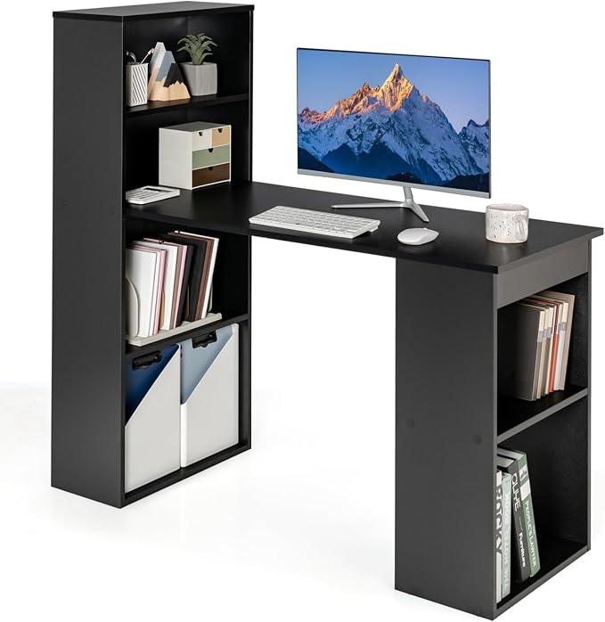 Giantex 48 Inch Computer Desk with Bookshelf, 3-in-1 Home Office Desk with 4-Tier Bookcase & CPU Stand, Space-Saving Reversible Writing Desk Work Table for Bedroom, Study Room, Office (Black) by Giantex