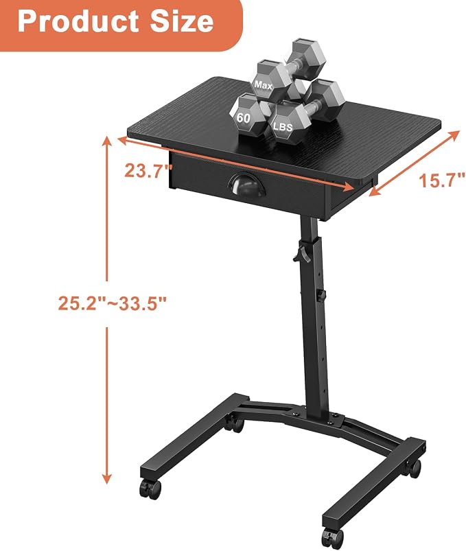 Rolling Adjustable Height Standing Desk With Drawers, Small Mobile Laptop Desk Cart On Wheels For Small Spaces Home Office, Portable Sitting Laptop Table For Bed Couch Load Up To 60LBS, Sturdy, Black - Image 3