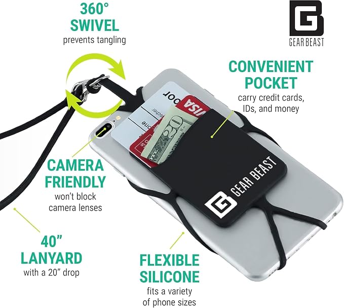Gear Beast Cell Phone Lanyard - Universal Neck Phone Holder w/Card Pocket and Silicone Neck Strap - Image 3