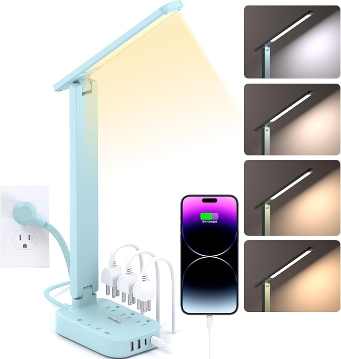 LED Desk Lamp, Power Strip with 4 USB 3 Outlets, Dorm Room Essentials, Blue | One Beat 4 Modes 5 Level Brightness Touch Lamp, Small Desk Lamp for Home Office College Dorm Essentials, Study Reading Light by OneBeat