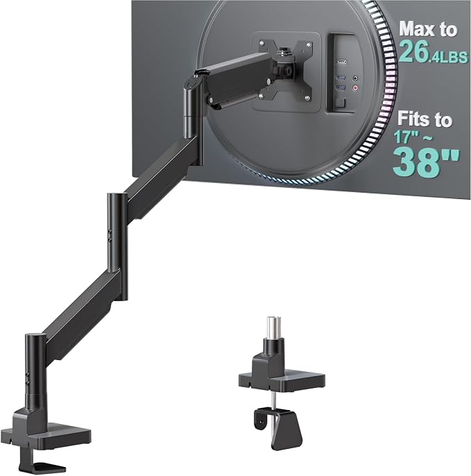 WALI Extra Long Single Monitor Arm for 17-38 inch Screens, up to 26.4 lbs | Tall Monitor Desk Mount, Full Motion with Tilt, Swivel, Rotation, C-Clamp/Grommet Base, VESA 75/100mm (GSMP001L), Black by WALI