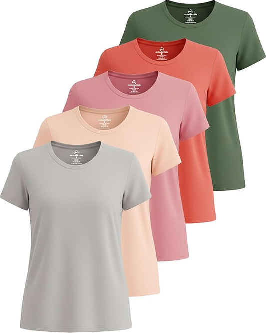 5 Pack Women's Dry Fit Short Sleeve Athletic Gym Workout Running Tops | Available in Plus Size, Exercise, Sports, Fitness, Quick Dry, Cooling, Moisture Wicking, Loose Basic Tees, Yoga, Pilates by RealEssentials