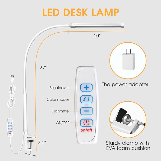 Voncerus LED Desk Lamp with Clamp, Eye-Caring Clip on Lights for Home Office, 3 Modes 10 Brightness, Long Flexible Goose-Neck, Metal, Swing Arm Architect Task Table Lamps with USB Adapter, White | 3 Modes 10 Brightness, Long Flexible Goose-Neck, Eye-Ca... - Image 5