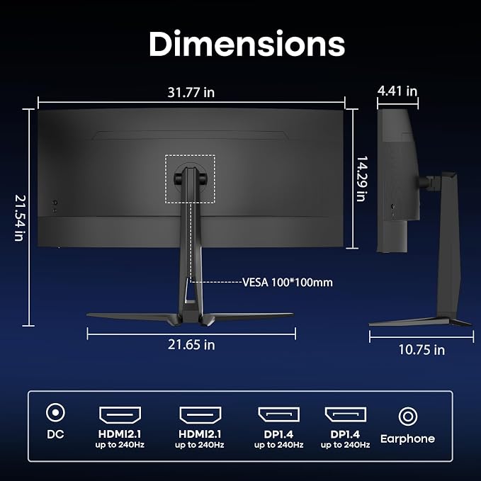Amzfast 34 Inch Curved Monitor 240Hz UWQHD (3440x1440) Gaming Monitor, 1ms G-SYNC Compatible, 1500R, PIP/PBP, HDR400, 96% DCI-P3, Tilt/Swivel/Height Adjustable, TÜV Rheinland, HDMI 2.1, AMZG34C8 Pro - Image 14