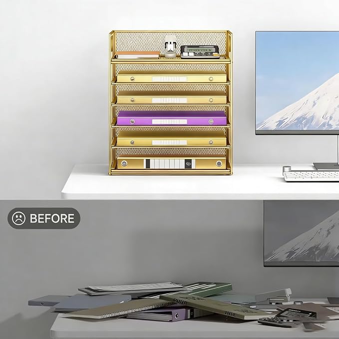 6 Tiers Letter Tray Paper Organizer with Handle, Mesh Desk File Organizer, Metal Desktop Document Shelf Organization, Paper Sorter Organizer for Office, Home or School File Folder Holder (Gold) - Image 4