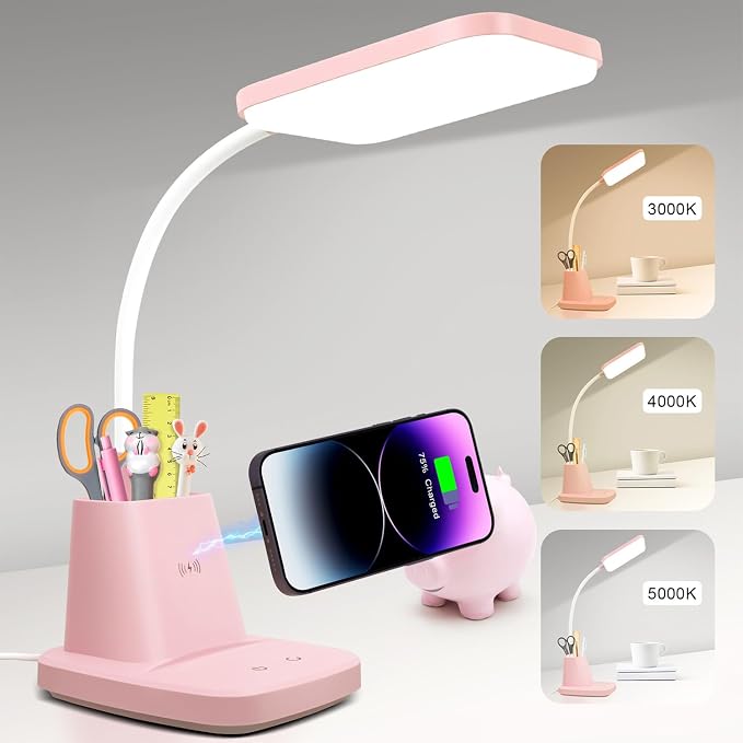 LED Desk Lamp with 10W Wireless Charging & Pen Holder, Pink | CRI 95, 800LM, Stepless Dimming, 3 Modes, 360°Flexible Arm, Touch, Study Table Lamp for Home Office, Dorm Room, with Adapter by Sailstar