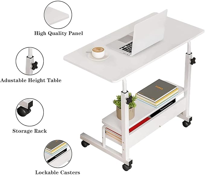 Adjustable Height Mobile Computer Desk for Small Space Rolling Writing with Wheels Corner Home Office Study Portable Bedrooms Work Size 31.5x15.7 Inch Storage Gaming Table, White A - Image 4