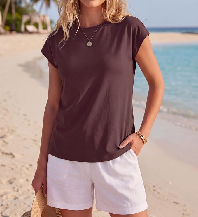 GRECERELLE Womens Summer Tops Cap Sleeve Crew Neck Basic T-Shirt | Everyday Casual Wear, Layering Friendly, Wrinkle-Resistant, Business Casual Ready, Lightweight & Packable, Capsule Wardrobe - Image 3