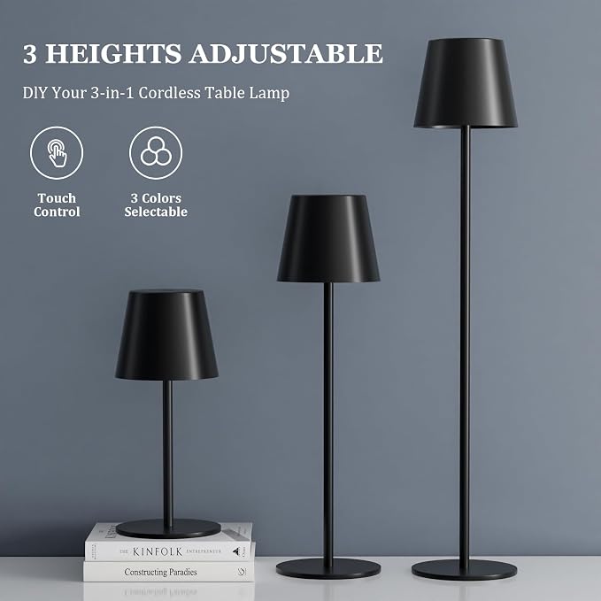 Kakanuo 20" Black Cordless Table Lamp Rechargeable - 2 Pack 5000mAH Battery Operated Lamp for Counter, 3 Color Stepless Dimming Wireless Lamp for Dining Table, Touch Control - Image 3