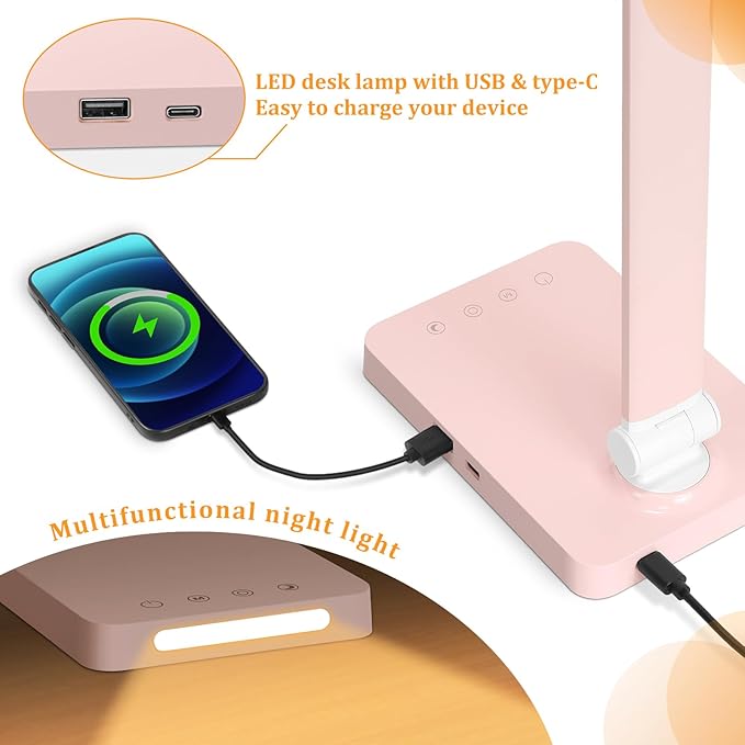 LED Desk Lamp with USB Ports,Touch Desk Lamps for Home Office with 5 Modes | 3 Brightness Desk Light with Small Night Light,Reading Lamp Table Lamp for Bedroom Bedside Study Pink （with adapter） - Image 4