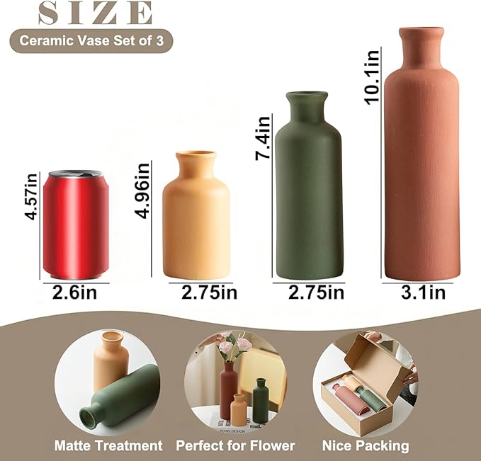 Modern Ceramic Vase Set of 3, Neutral Colors, Decorative Bottles for Home, Farmhouse Rustic Decor, Housewarming Gifts, Wedding Gifts, Bridal Shower Gifts, Birthday Gifts for Women (Green Mix) - Image 7