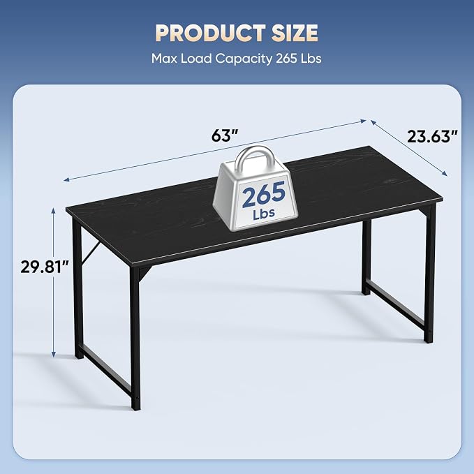 DUMOS 63 Inch Small Computer Desk, Gaming Desks for Home Office Bedroom | Modern Study Writing Work Table, Craft PC Desk Simple Workstation with Reinforcement Structure, Black - Image 3